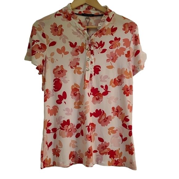 NEW Tommy Hilfiger white  pink floral buttoned up chest short sleeve tshirt - Picture 1 of 11
